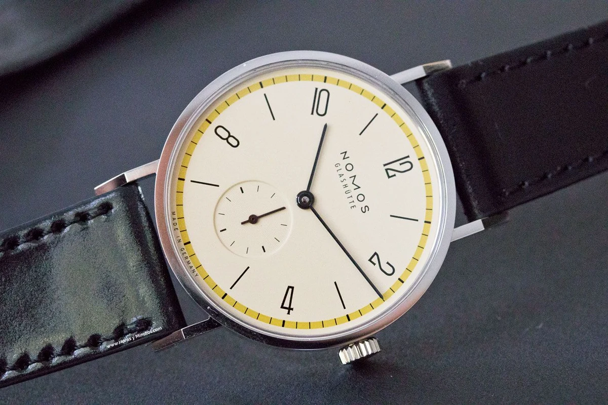 NOMOS Tangente 33 A Century of Bauhaus Yellow, front view