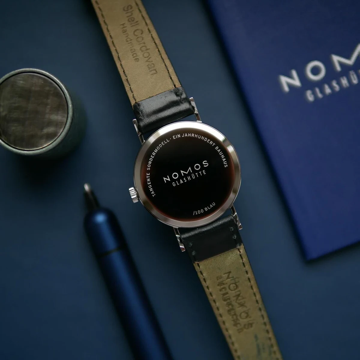 Caseback of the Tangente 38 A Century of Bauhaus Blue