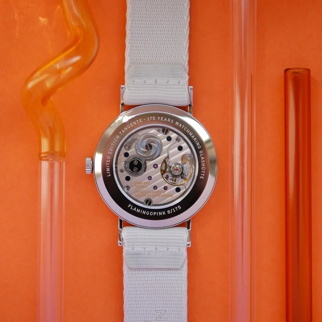 Caseback of the Tangente 38 Date Flamingopink
