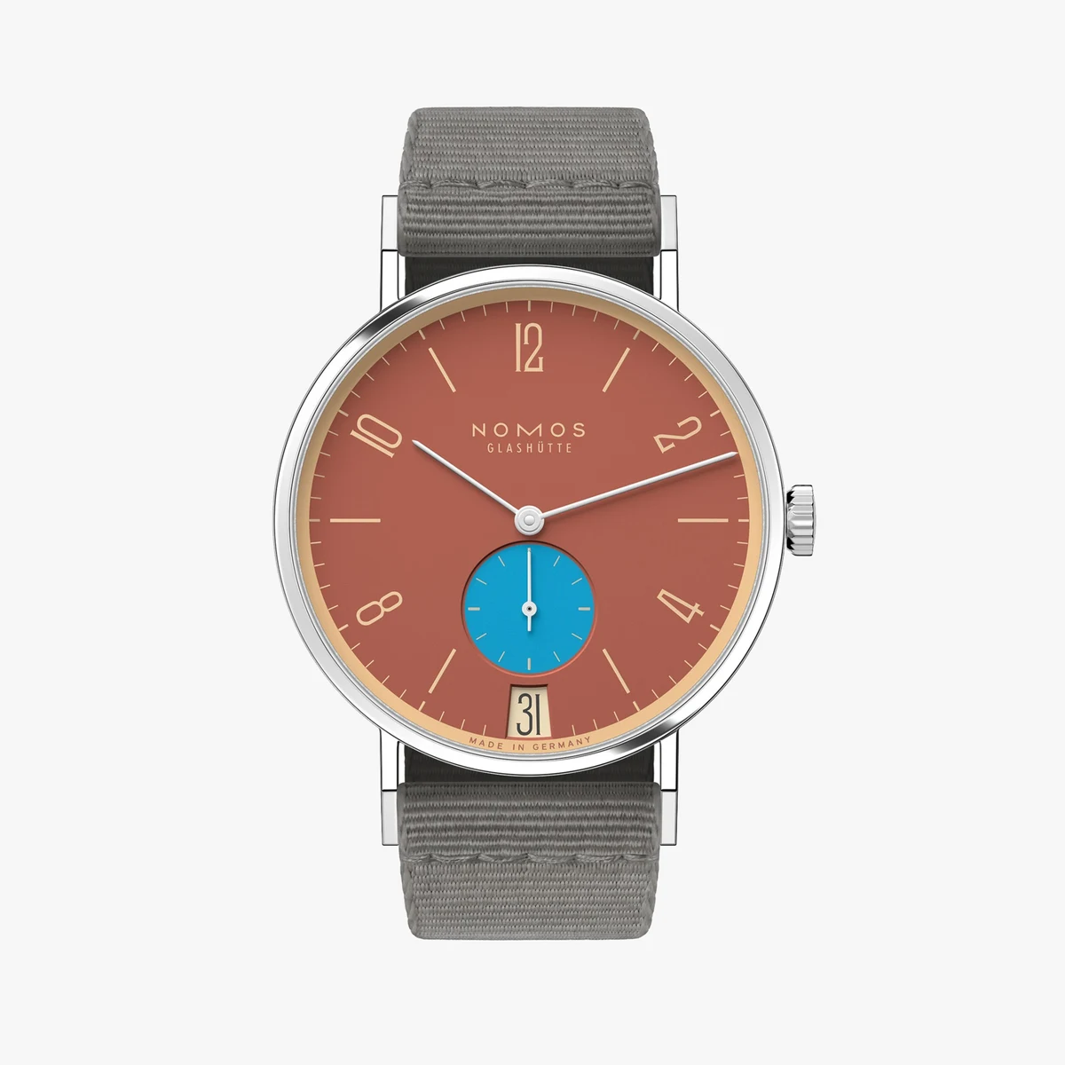 Detail view of the Tangente 38 Date Ziegelblau