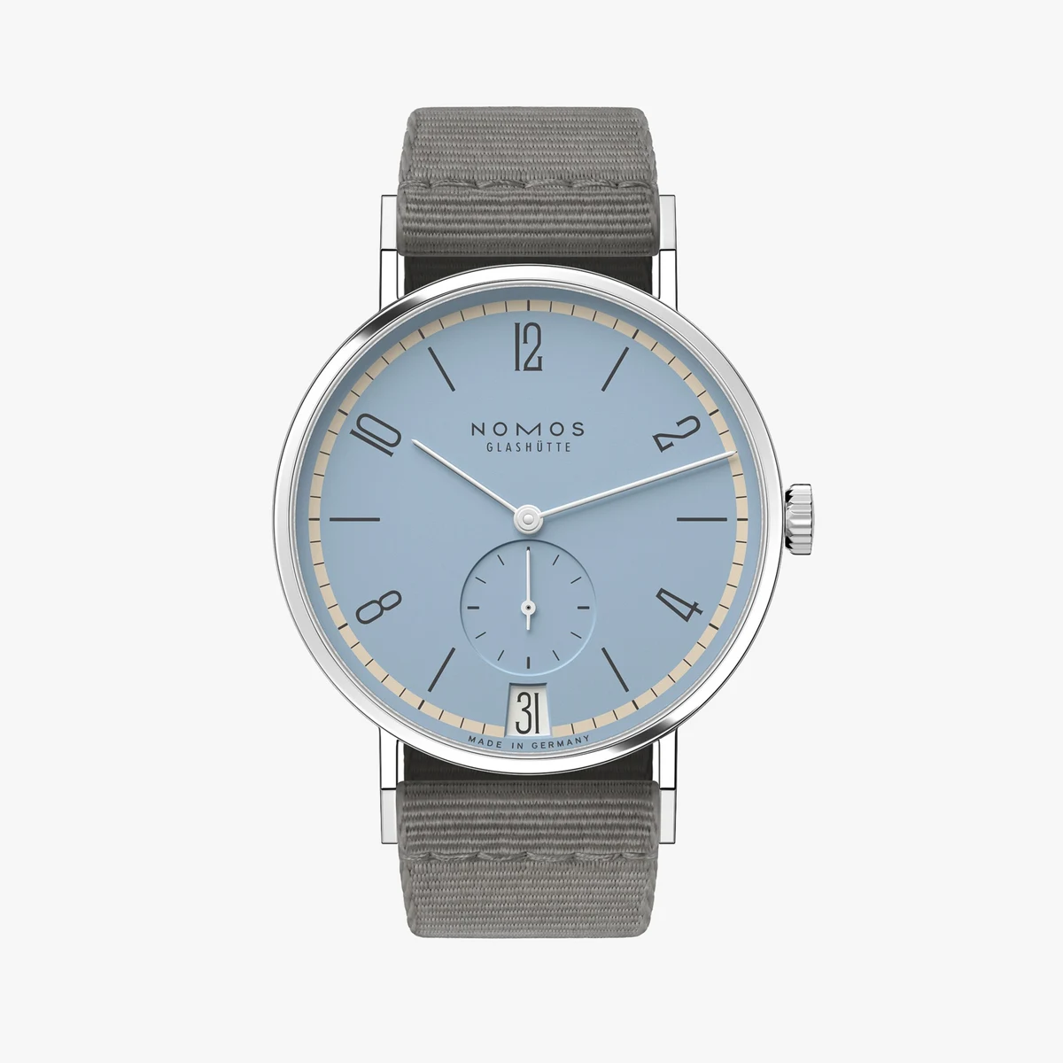 Detail view of the Tangente 38 Date Frostblau