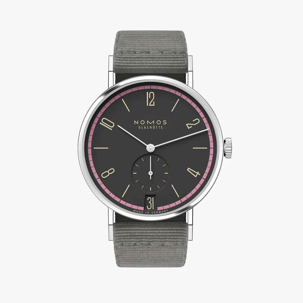 Detail view of the Tangente 38 Date Tiefseegrau